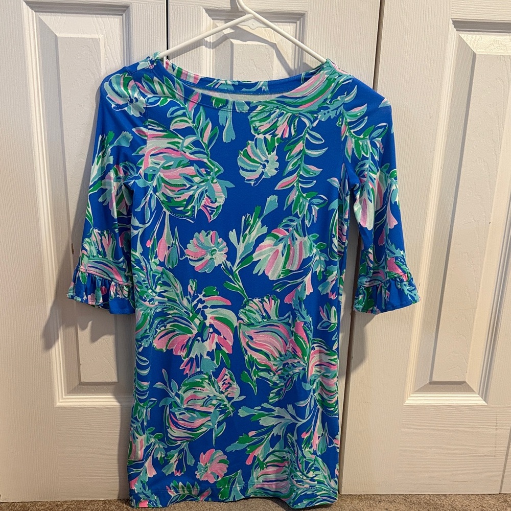 Blue Floral Shift Dress with Pink & Green Print